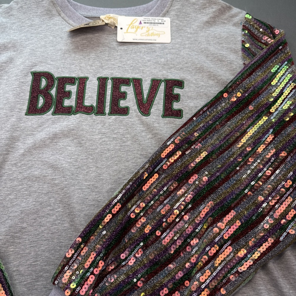 NWT Layerz Christmas "Believe"  Top Grey W/ Multi Glitter Sequins Santa XL Bling